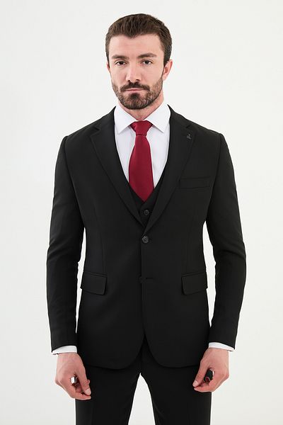 Mcr Straight Slim Fit Mono Collar Wool Men's Suit Black - 44313.24K