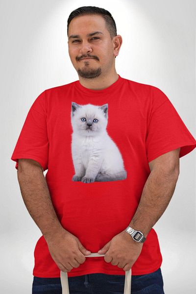 Angemiel Men's and Women's Unisex Red and White Kitten Printed T-Shirt - Large Size