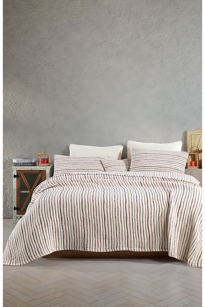 destinyhometex Striped Lightweight Ultra Soft Quilt 6 Layers Muslin Fringeless 260X280 Quilt