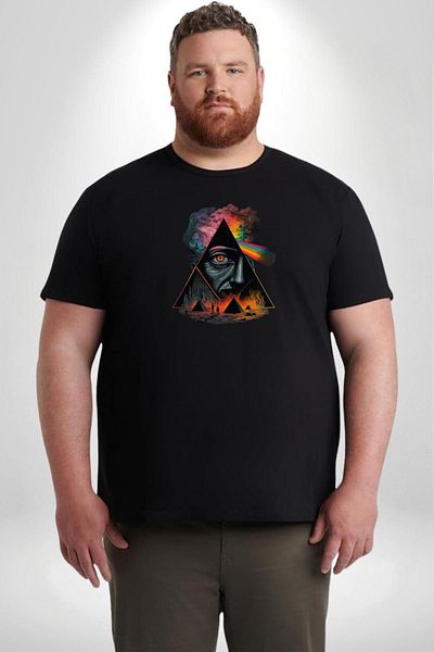Angemiel تي شيرت أسود كبير الحجم للرجال والنساء من Pink Floyd Eye Pyramid باللون الأسود - طباعة أمامية أساسية