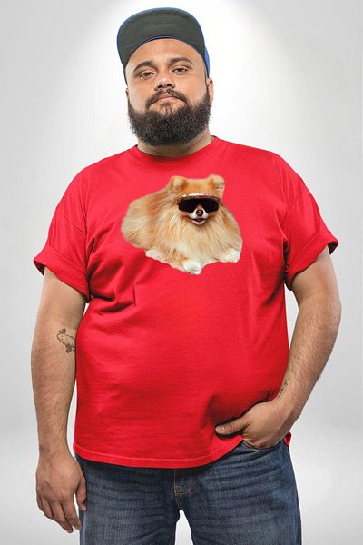 Angemiel تي شيرت أحمر كبير الحجم للرجال والنساء للجنسين من Pomernian Dog - موديل أساسي مطبوع من الأمام