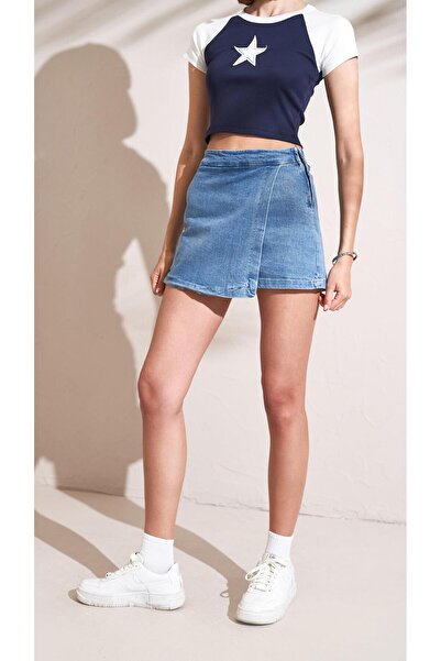 TENA Kadın Denim Yanı Fermuarlı Pileli Denim Şort Etek