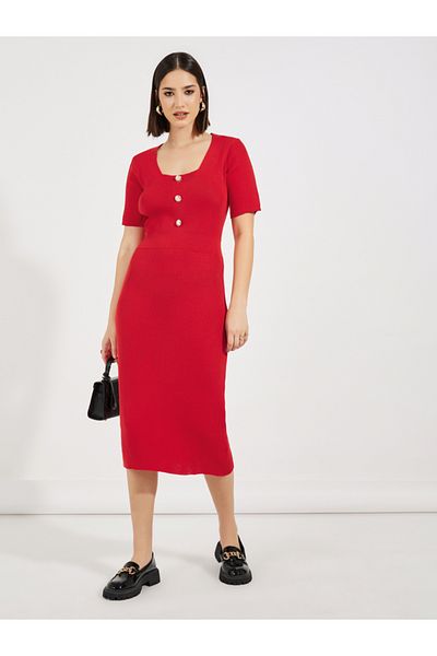 Styli Rib Knit Scoop Neck Sweater Midi Dress