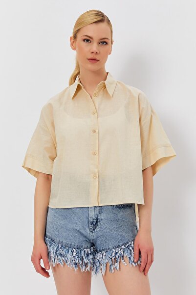 TENA Women's Stone Short Sleeve Long Back Comfortable Fit Linen Shirt