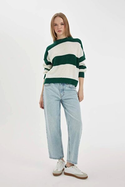 DeFacto X4931 Pulover tricotat cu dungi Coool Oversize, cu croiala larga, cu guler rotund