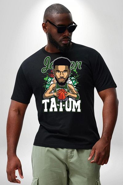 Angemiel تي شيرت Jayson Tatum الرسوم المتحركة بوسطن لكرة السلة أسود مقاس كبير للجنسين