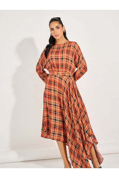 Styli Checked Asymmetric Hem A-Line Maxi Dress
