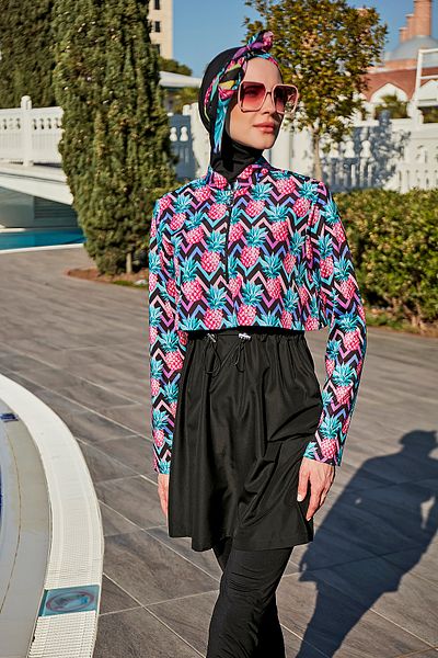 Remsa Mayo Μαγιό Hijab με σχέδιο ανανά R114 - Μπροστινό κάλυμμα και πλήρως καλυμμένο αλεξίπτωτο