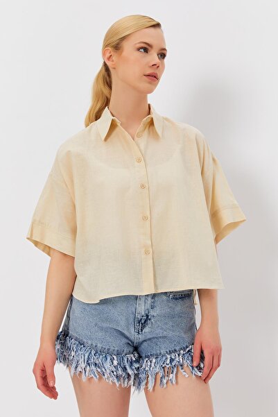 TENA Women's Stone Short Sleeve Long Back Comfortable Fit Linen Shirt