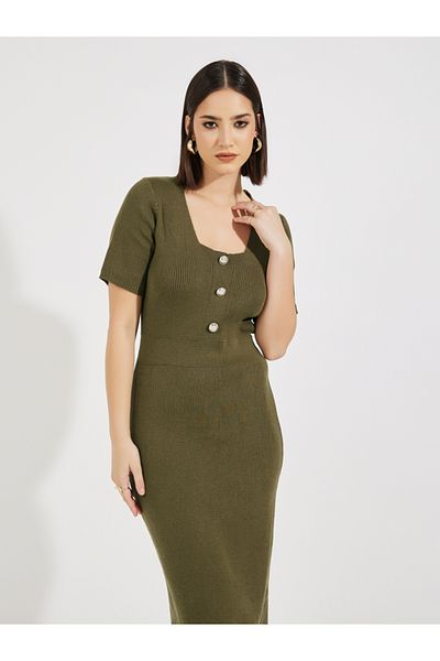 Styli Rib Knit Scoop Neck Sweater Midi Dress