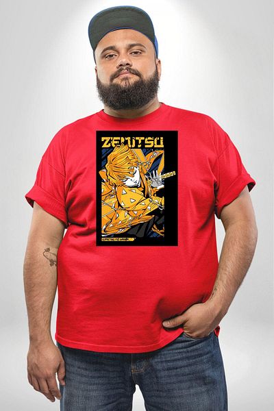 Angemiel تي شيرت Zenitsu Agatsuma Anime Pattern - أحمر، مقاس كبير، للرجال والنساء للجنسين