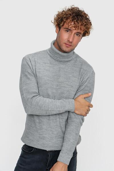 TENA Light Gray Melange Men's Knitwear Sweater - Turtleneck, Waffle Knit