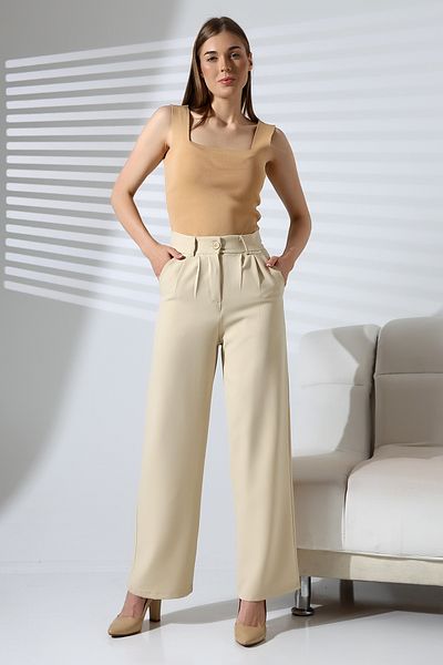 Deafox Cream Double Fabric Palazzo Trousers with Buttons and Pockets