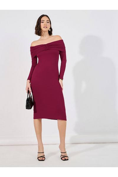 Styli Plain Off Shoulder Bodycon Midi Dress