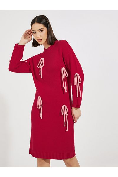Styli Bow Detail Knit Sweater Knee Length Dress
