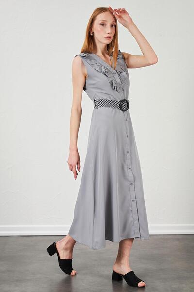 TENA Women's Gray Collar Ruffled Buttoned Front Sleeveless Poplin Fabric Long Dress