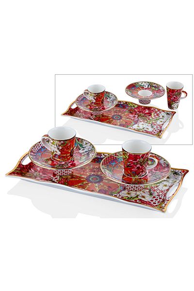 LAMEDORE Lilyum Pattern Porcelain Tray Set of 2 Coffee Cups