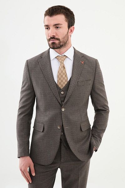 Mcr Check Slim Fit Mono Collar Men's Suit Brown - 45364.24K