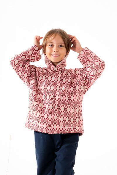 PLANT Mini Kids – Ethnic Hooded Red/White Color, 100% Cotton Knitwear, Kids Jacket with Buttons