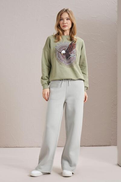 TENA Women's Olive Crew Neck Eagles Printed Three Thread Basic Sweatshirt