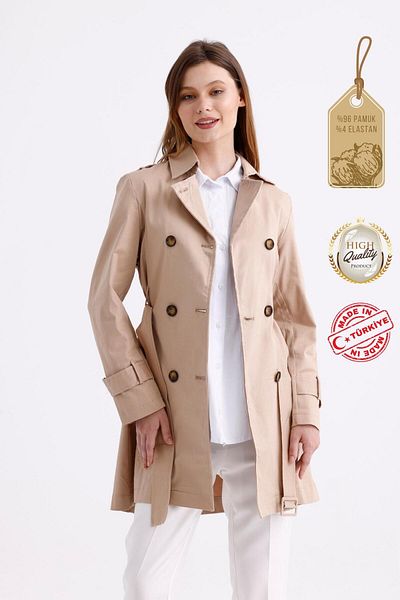 PASTELASTORE Stretchy Cotton Gabardine Short (80CM) Women's Trench Coat with Shoulder Epaulettes and Belt 1120