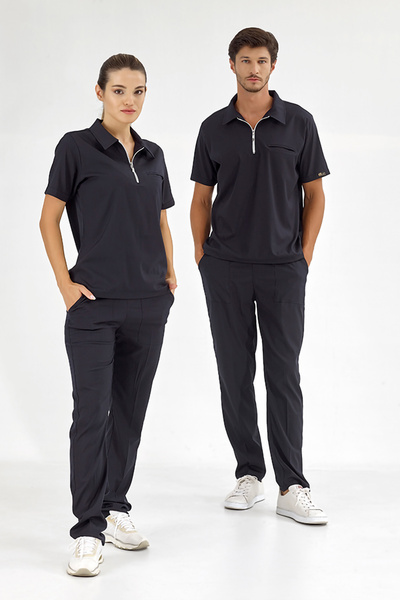 ÇİZGİ MEDİKAL Lacivert Polo Yaka Likralı Yeni Model Doktor Hemşire Forması Sc...