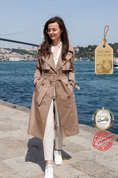 PASTELASTORE Stretchy Cotton Gabardine Long (110CM) Unlined Women's Trench Coat 1117