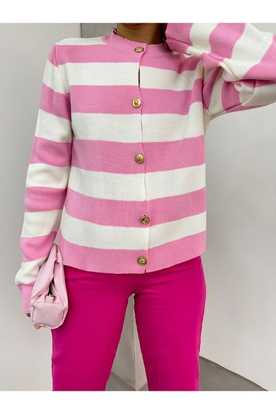 Modamorfo Kurze Strickjacke mit Metallknöpfen und Ring – Rosa