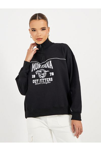 Styli Oversized Regular Length Slogan Half Zip Sweatshirt with Contrast Detailing