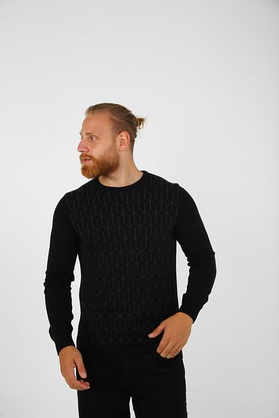 DAKSEL Pulover negru tricotat strâns pentru bărbați, cu decolteu rotund