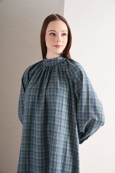 Mevra Green Navy Neck Gathered Dress