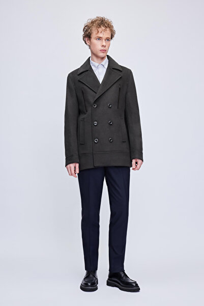 Hatemoğlu Khaki Slim Fit Plain Double Breasted Wool Stamp Coat