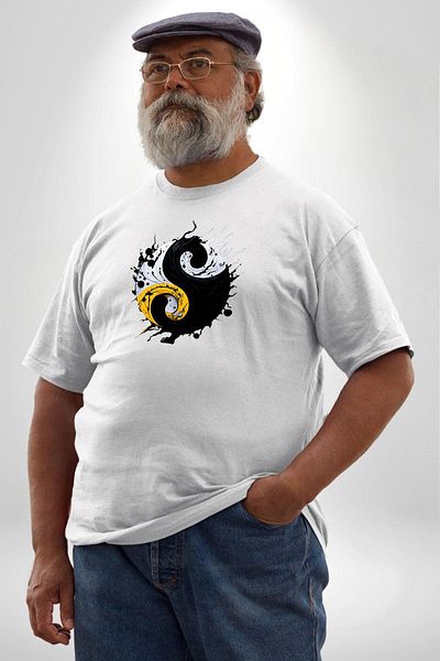 Angemiel تي شيرت أبيض كبير الحجم للرجال من Yin-Yang Kuramılı - مطبوع من الأمام