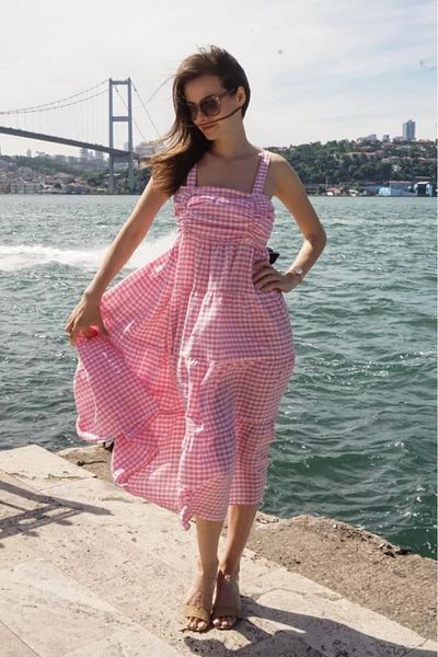 PASTELASTORE Rochie de vară cu model Gingham cu bretele, lungime midi, pentru femei 1300