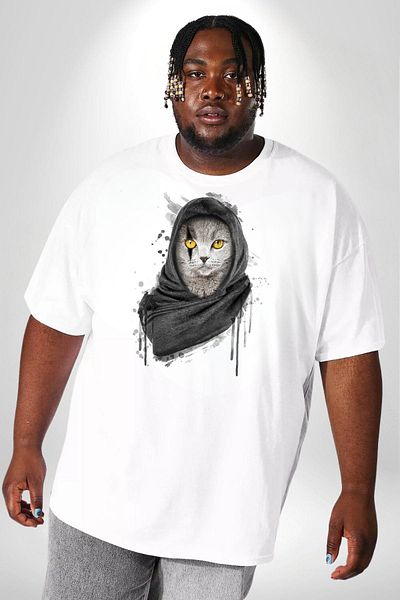 Angemiel تي شيرت أبيض كبير الحجم من Safari Cat Wrap Scarf - للنساء والرجال للجنسين، مطبوع من الأمام
