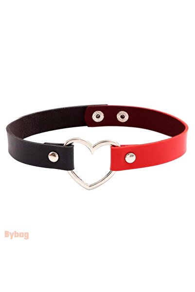 BYBAG Siyah Kırmızı Deri Tasma Kalp 35 cm Choker  Kolye Takı