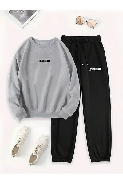 Revasser Unisex Women/Men's Los Angeles Custom Printed Cotton Oversize Jogger Sweatshirt Bottom Top Set