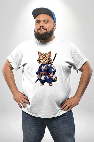 Angemiel تي شيرت أبيض مقاس كبير - تي شيرت Cat Samurai Warrior الآسيوي، للرجال والنساء للجنسين