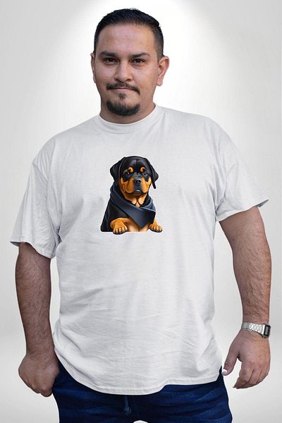 Angemiel تي شيرت أبيض كبير الحجم من Rottweiler Puppy - للرجال والنساء للجنسين، مطبوع من الأمام