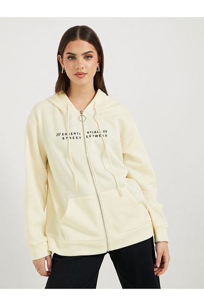 Styli Slogan Print Zip Up Hooded Sweatshirt