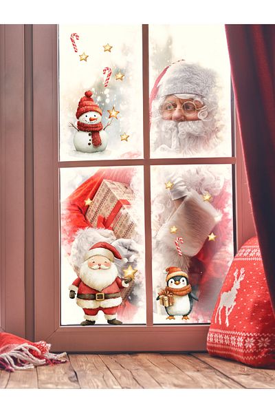 Sim Tasarım Cheerful Christmas Themed Glass Door Wall Sticker New Year Decorative Sticker