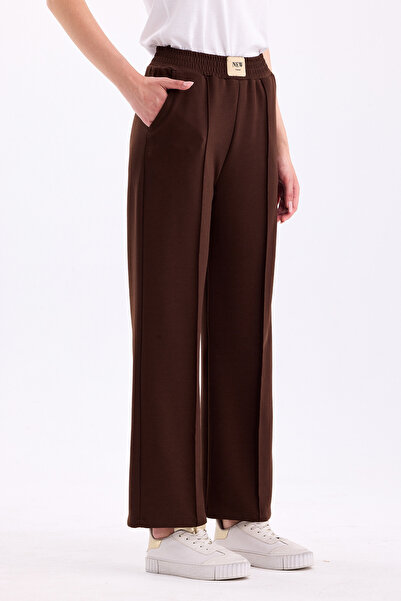 PASTELASTORE Καφέ ελαστική μέση, ψηλόμεση, φαρδύ πόδι Palazzo γυναικείο άνετο υφασμάτινο παντελόνι 2373