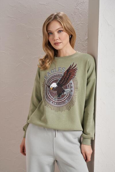 TENA Women's Olive Crew Neck Eagles Printed Three Thread Basic Sweatshirt