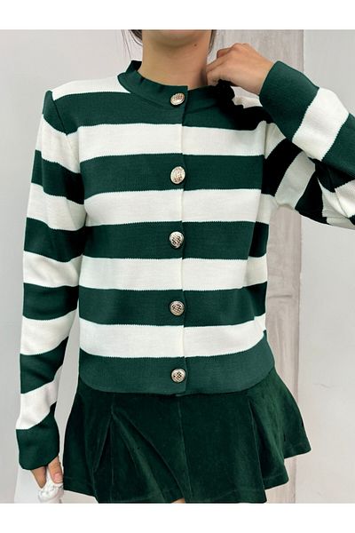 Modamorfo High Collar Striped Buttoned Knitted Cardigan