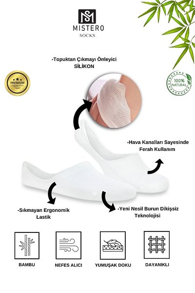 MISTERO SOCKS 6 Pairs of Bamboo Ballerinas - Seamless and Non-Slip Silicone Heels (White)
