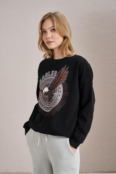 TENA Women's Black Crew Neck Eagles Printed Three Thread Basic Sweatshirt