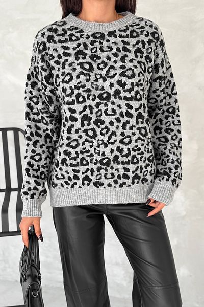 FEMELLE Pulover de damă, gri, mărime standard, cu model leopard, tricotaj supradimensionat