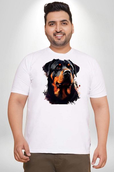 Angemiel تي شيرت أبيض كبير الحجم مطبوع من Rottweiler - للجنسين، مطبوع من الأمام