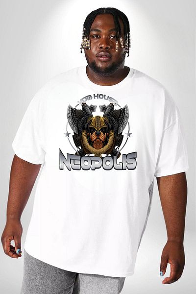 Angemiel تي شيرت أبيض كبير الحجم من Neopolis Rottweiler Viking - للجنسين، مطبوع من الأمام