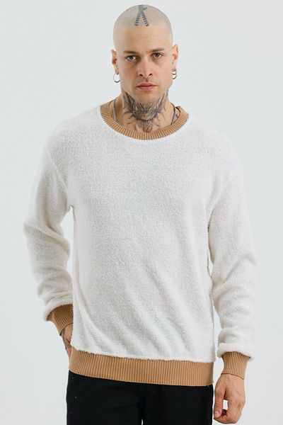 MADZEYMODA Мъжки суитшърт с кръгло деколте в цвят екрю, премиум плюш, Mz32033